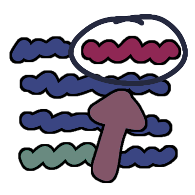A dark blue squiggly paragraph of text. There's two sections colored in pink and green. The pink bit (which comes first) is circled and a desaturated pink arrow points to it. The green bit is also desaturated.
